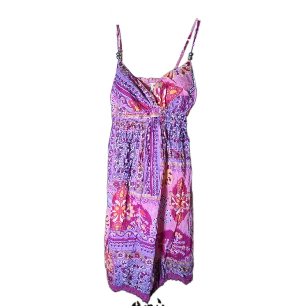 Derek Heart Pink Purple Paisley Smocked Beaded Lace Sundress Knee Sz S